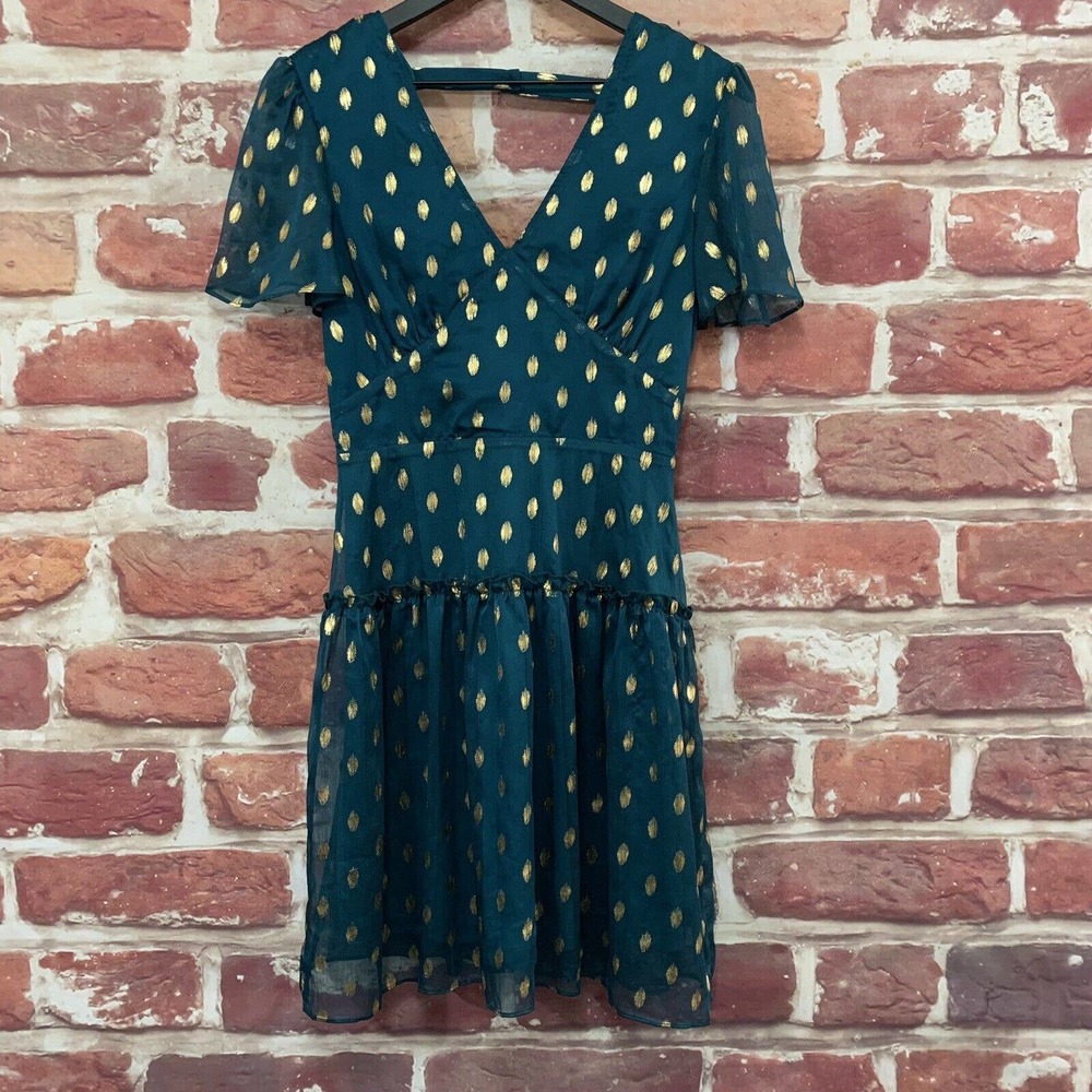 Francesca’s Dress Women’s Teal Blue Gold Polka Dot Abstract Chiffon Zip Up